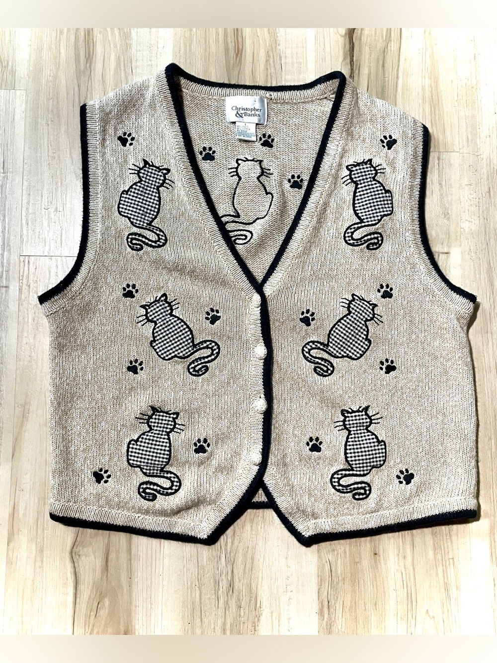 Christopher & Banks Beige Cat Knit Vest with Black Trim Vintage, gingham cat